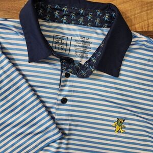 SECTION 119 Grateful Dead Dancing Bear Blue Striped Golf Polo Shirt Men's Medium